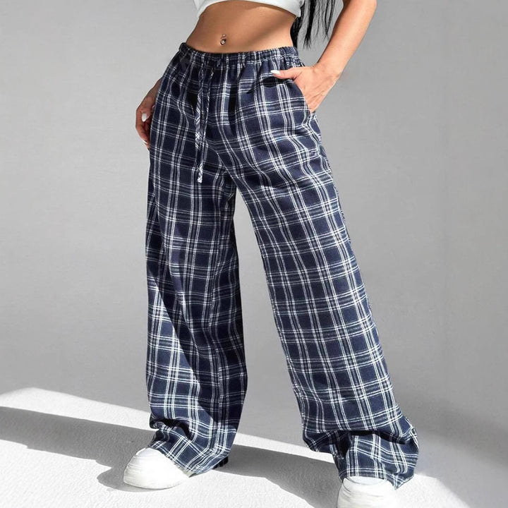 Wide plaid casual pants for women with elastic waistband and drawstring Lune London