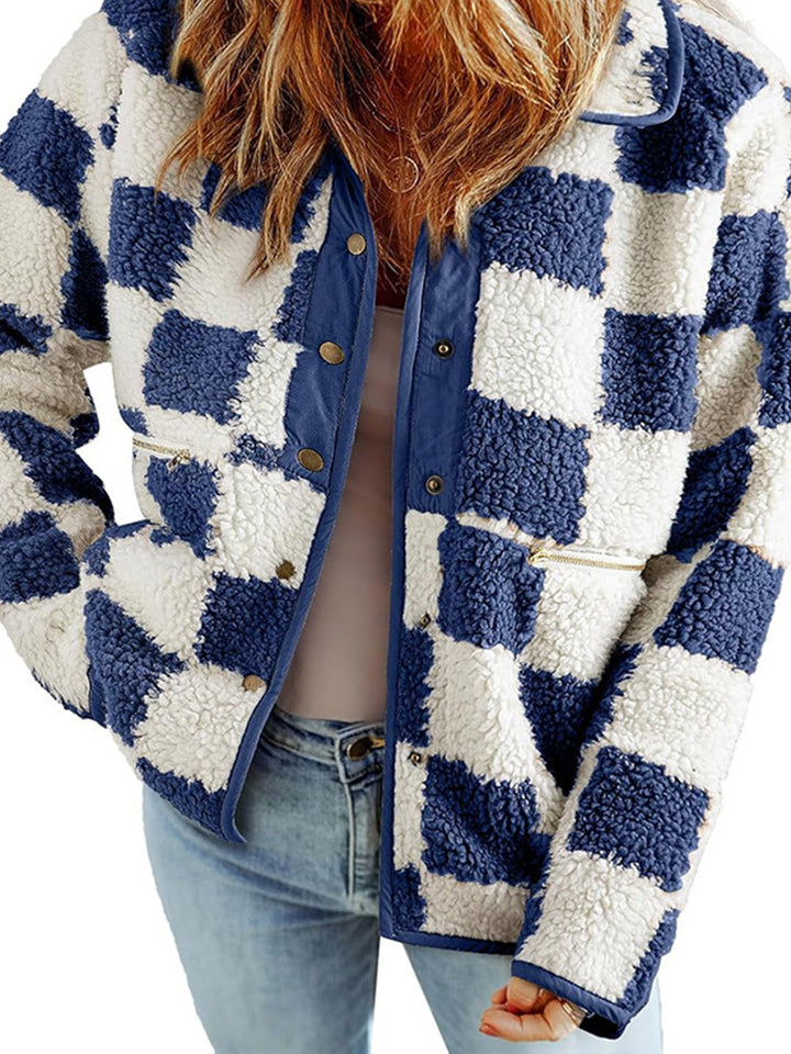 Ladies Cozy Wool Jacket with Modern Square Patterns Lune London