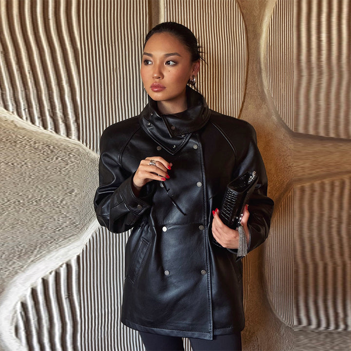 Faux leather jacket for women with high collar and practical pockets Lune London