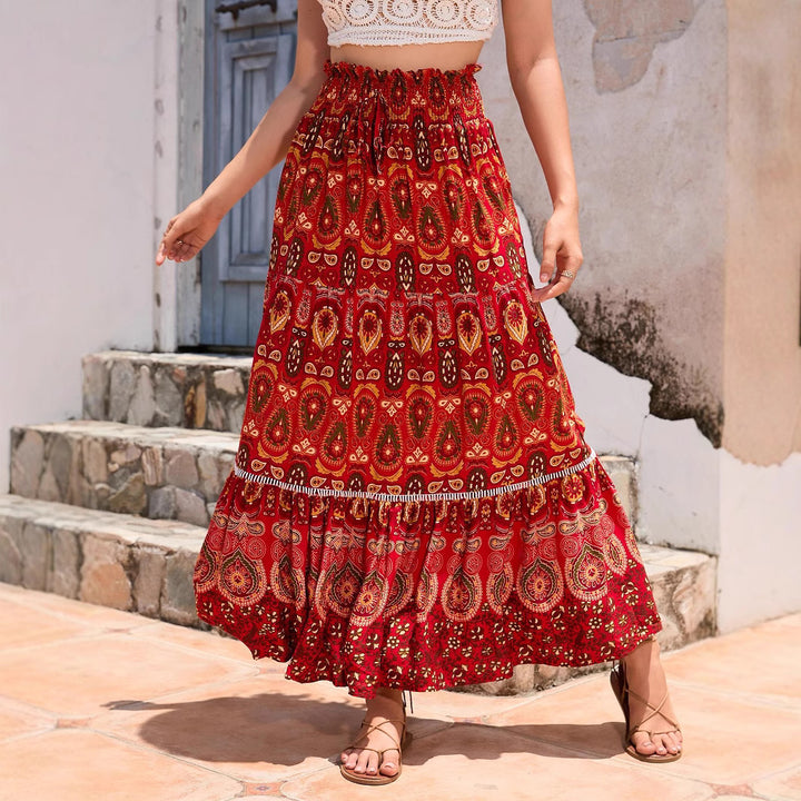 Long skirt for women with artistic paisley pattern and voluminous hem Lune London