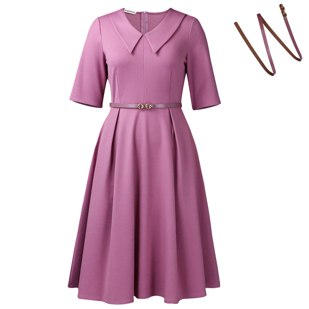 Elegant skater dress for women with collar and belt at the waist Lune London