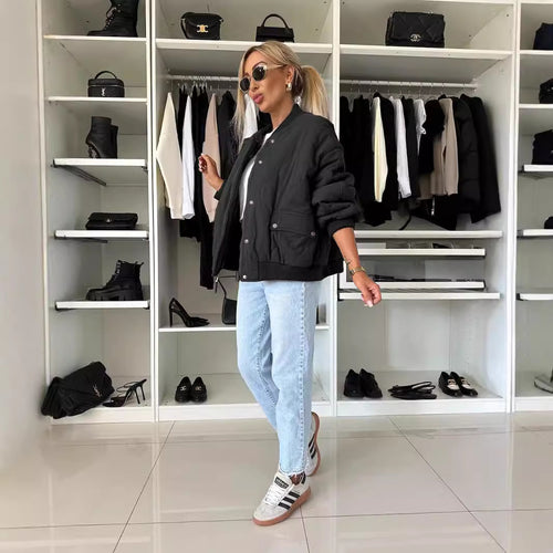 Ladies oversized casual quilted jacket with ribbed knit details Lune London