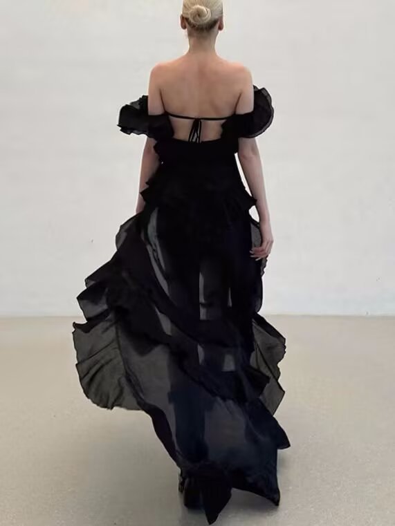 Maxi off-shoulder dress for women with voluminous ruffle details and a floating hem Lune London
