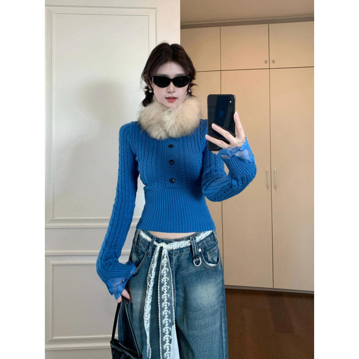 Pull en tricot pour femmes avec un motif de cable sophistiqué et des manches en dentelle romantiques Chic & Stil