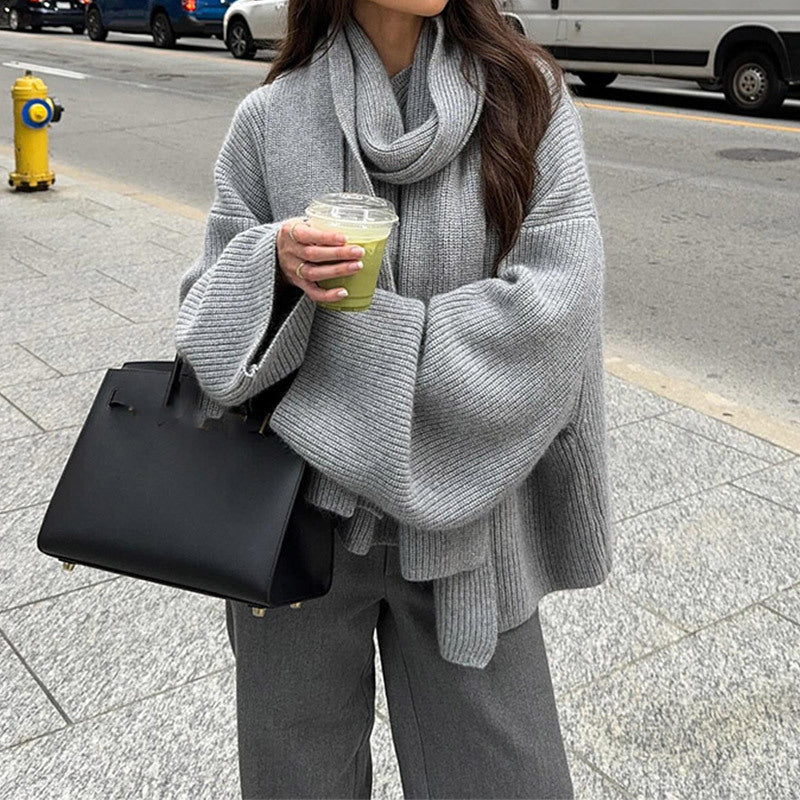 Ladies loose-knit cardigan with soft scarf Lune London