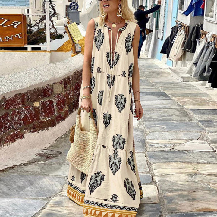 Maxi dress for women with an elegant floral pattern and a deep V neckline Lune London