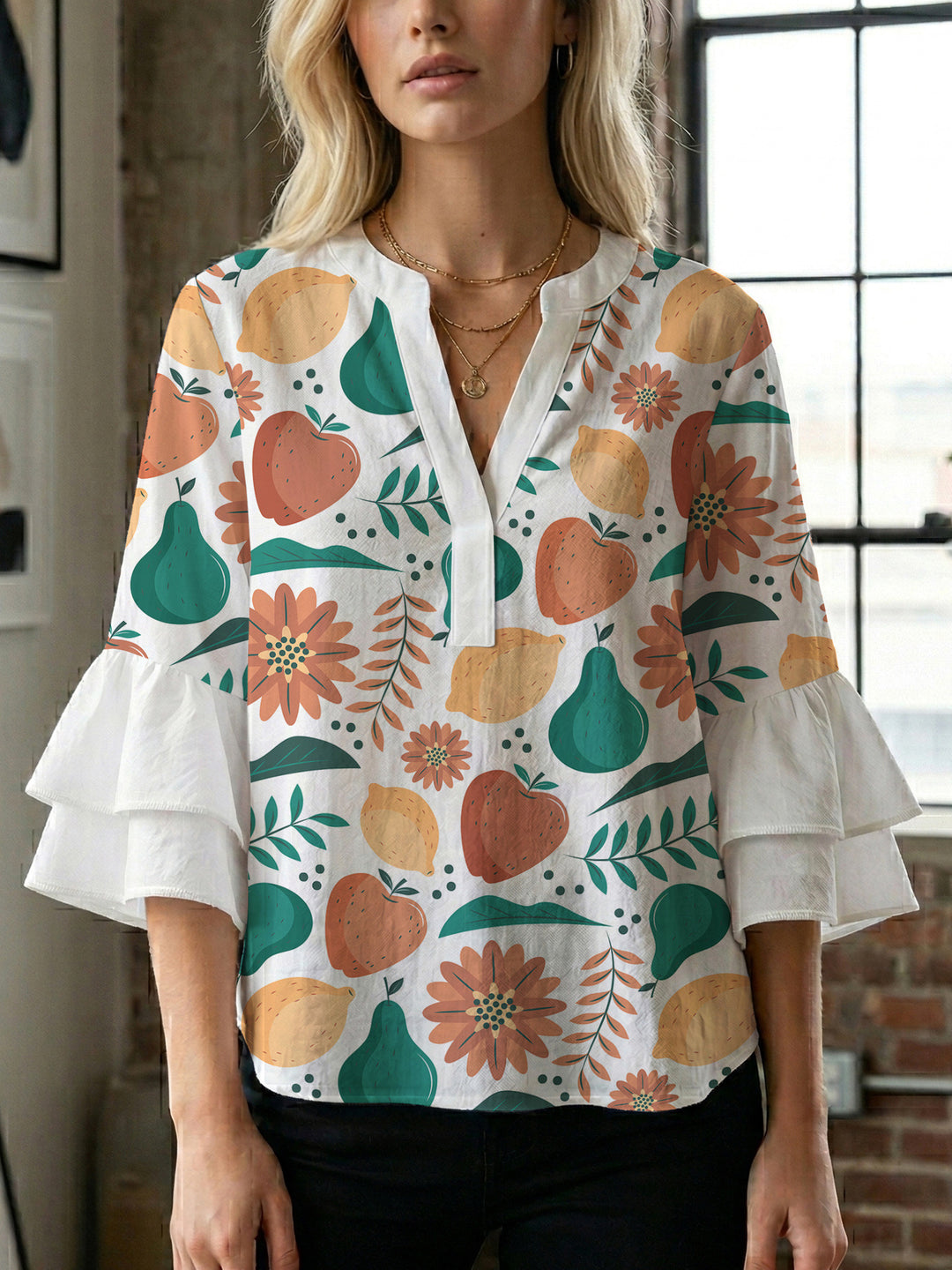 Women Elegant Top with Voluminous Puff Sleeves and Floral Print Lune London