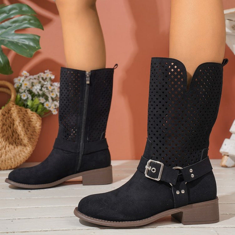 Women’s perforated suede boots with trendy buckle detail Lune London
