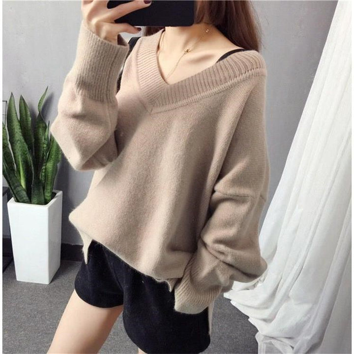 Pull en maille épaisse pour femme avec un décolleté en V, une coupe décontractée et des manches surdimensionnées Chic & Stil