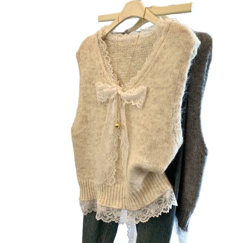 Gilet en tricot pour femmes avec un col en dentelle romantique et un détail de nœud décoratif