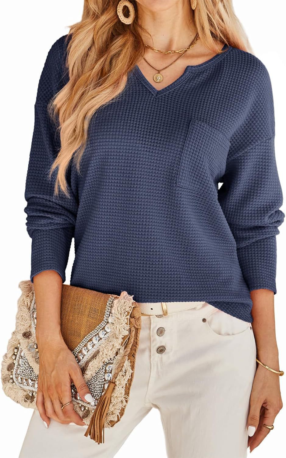 Women's sweater in textured waffle weave with deep V-neck and practical pockets Lune London