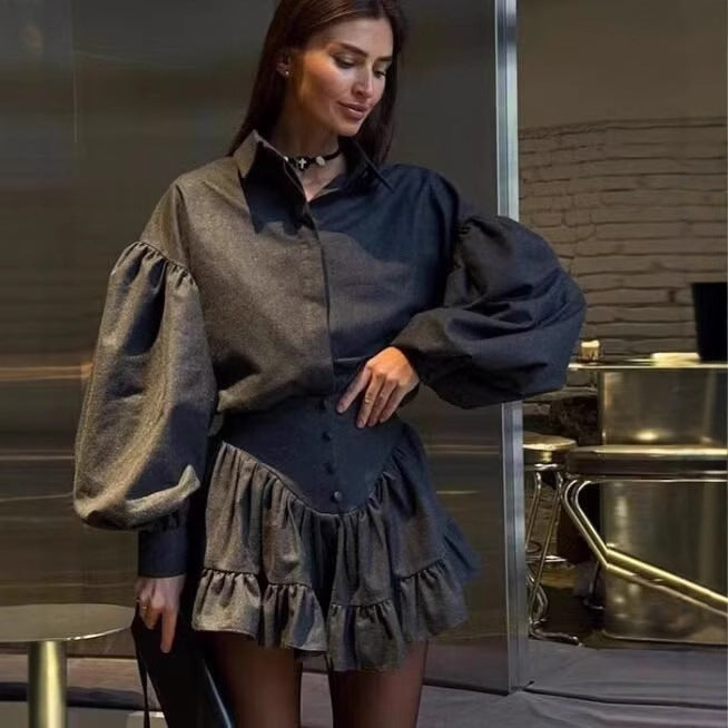Women's set consisting of an elegant puff sleeve blouse and a flared skirt Lune London