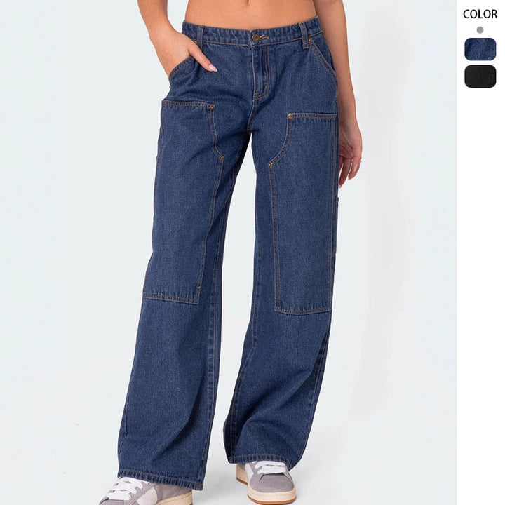Women's Wide Cut Utility Jeans with Practical Pockets and High Waist