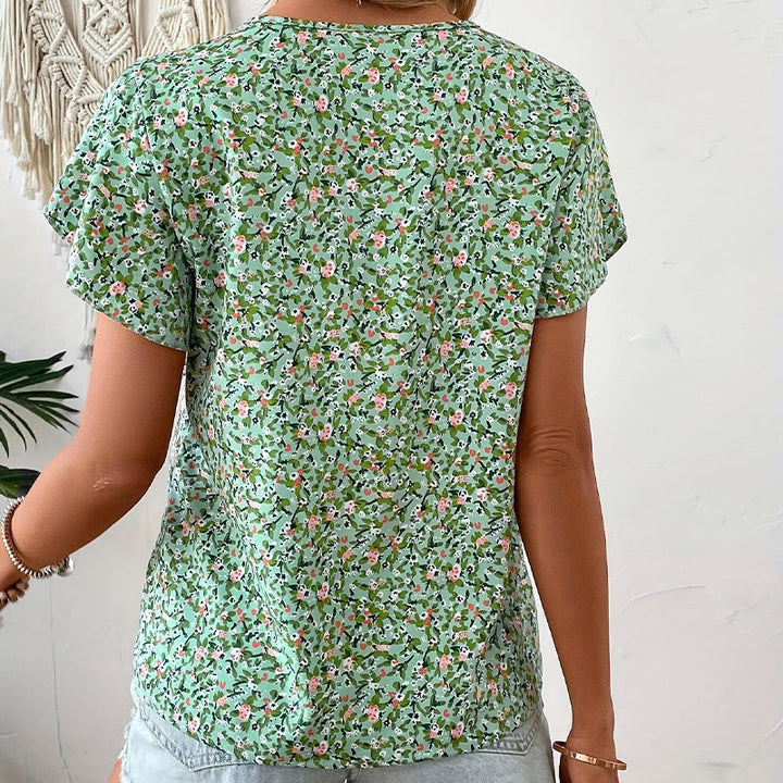 Women's V-Neck Blouse with Floral Pattern and Ruffle Details Lune London