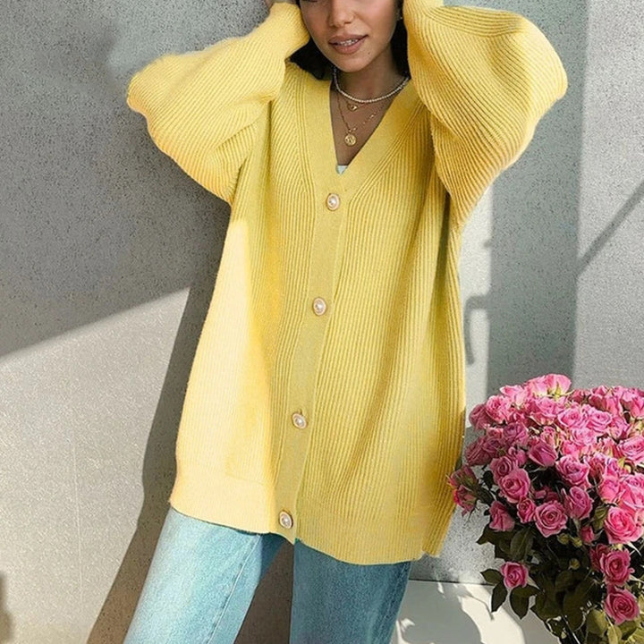 Chunky knit cardigan for women with elegant pearl buttons Lune London