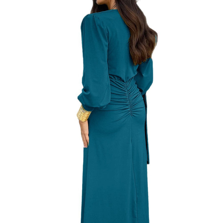 Elegant maxi dress with V-neck and gathers for ladies Lune London