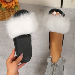 Women Fluffy Slippers with Faux Fur Trim Lune London