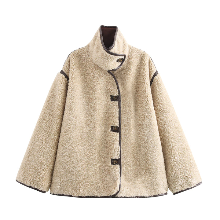 Soft fleece jacket for women with high collar and button closure Lune London