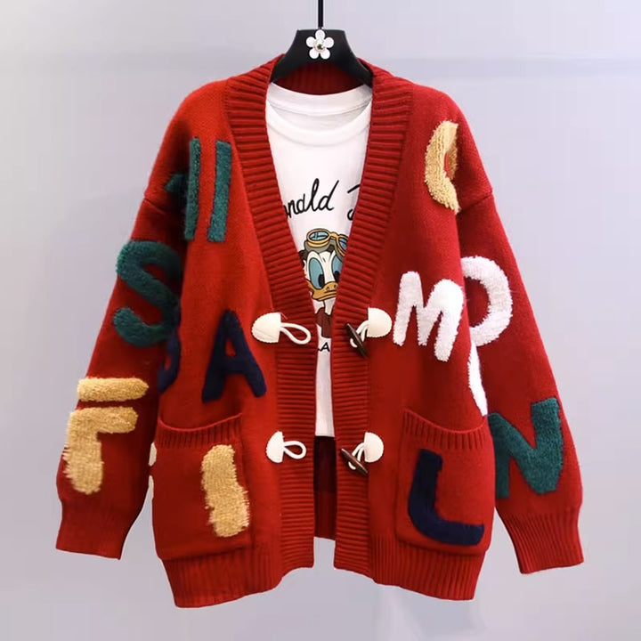 Women’s knit jacket with colorful letter pattern and practical pockets Lune London