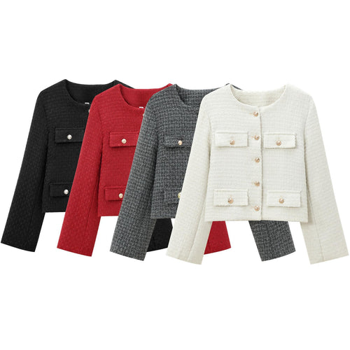 Elegant blazer jacket for women in structured tweed with decorative button details Lune London