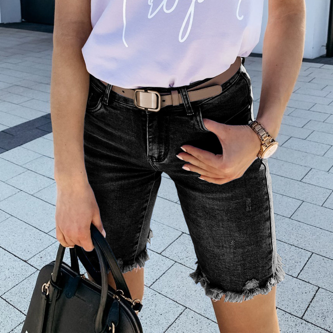 Destroyed denim shorts for women with frayed edges and side stripe Lune London