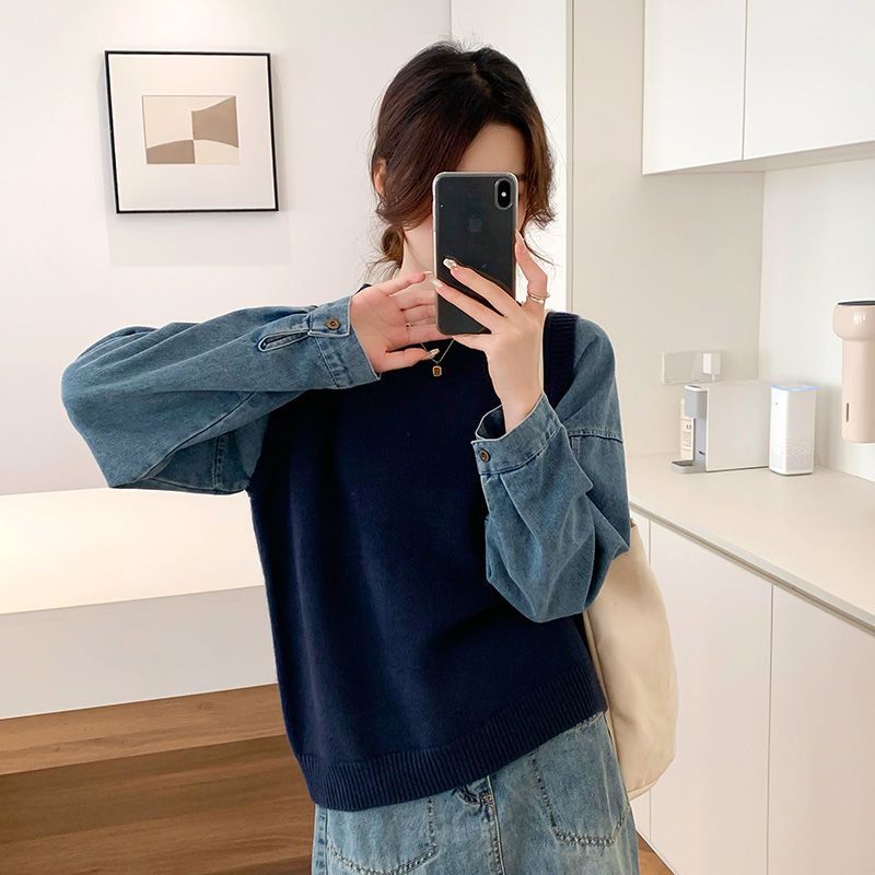 Pull en tricot pour femmes avec manches en denim Chic & Stil