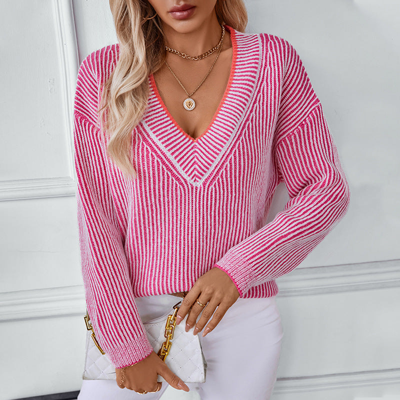 Knitted pullover for women with V-neck and striped design Lune London