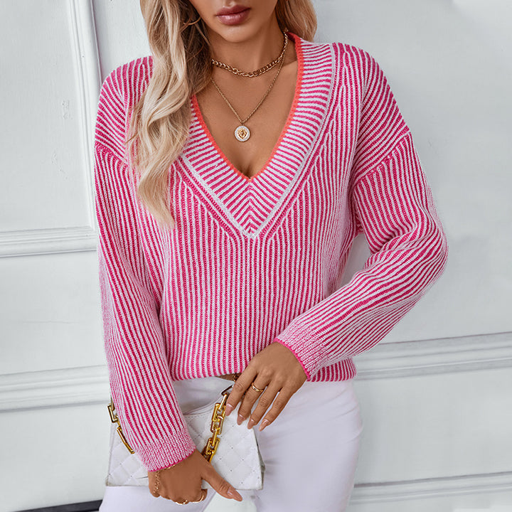Knitted pullover for women with V-neck and striped design Lune London