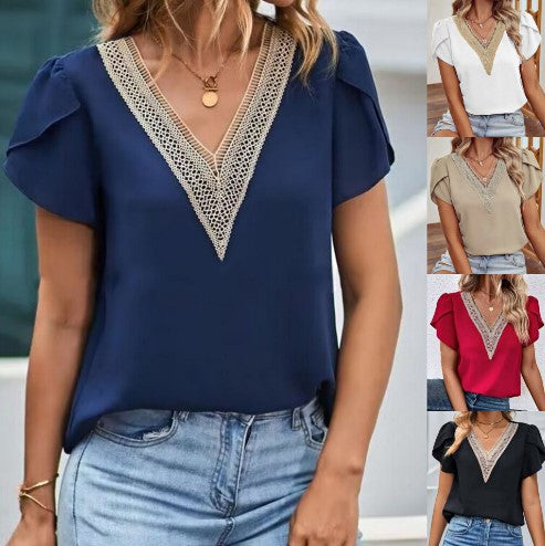 Elegant V-neck blouse for ladies with lace embellishments Lune London