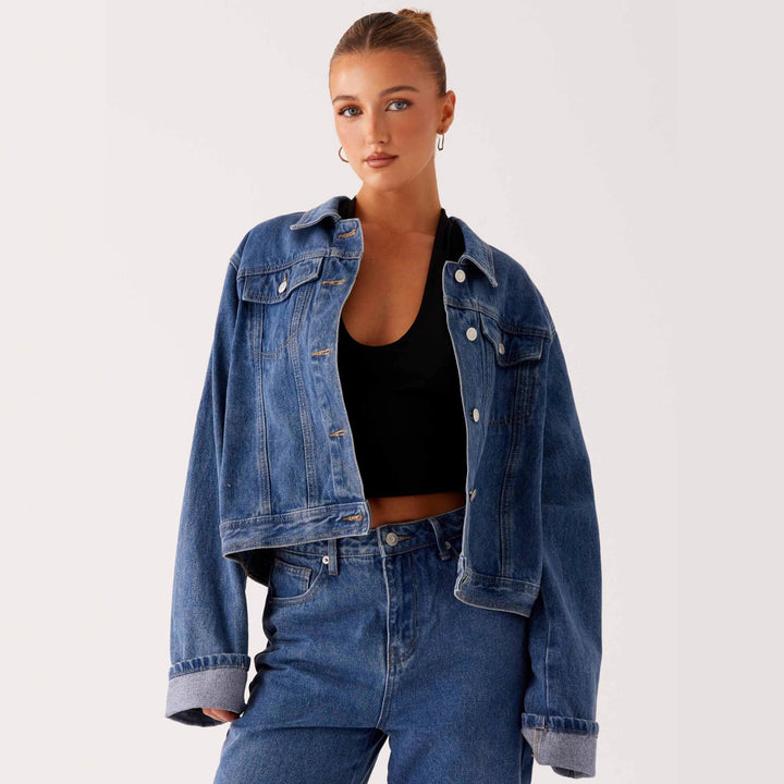 Women trendy denim jacket in casual cut with patch pockets and button details Lune London