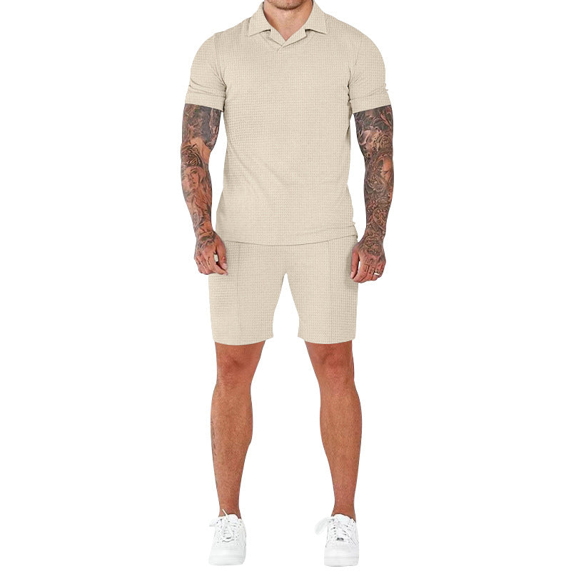 Casual short-sleeve men’s set with textured design and modern mock collar Lune London