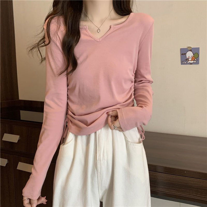 Women's versatile long-sleeve shirt with stylish V-neck and gathering Chic & Stil