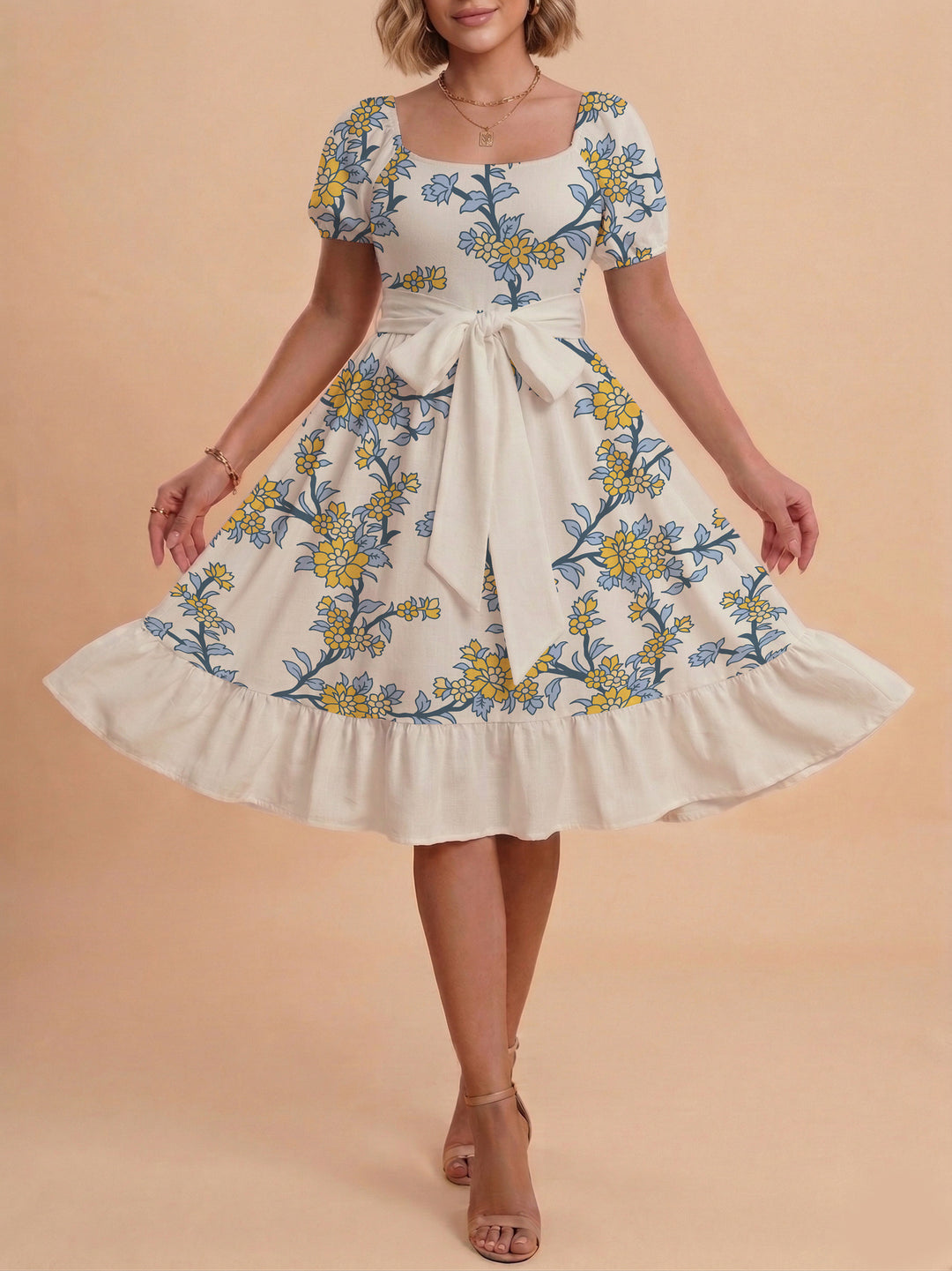 Women's floral dress with adjustable belt and voluminous sleeves Lune London