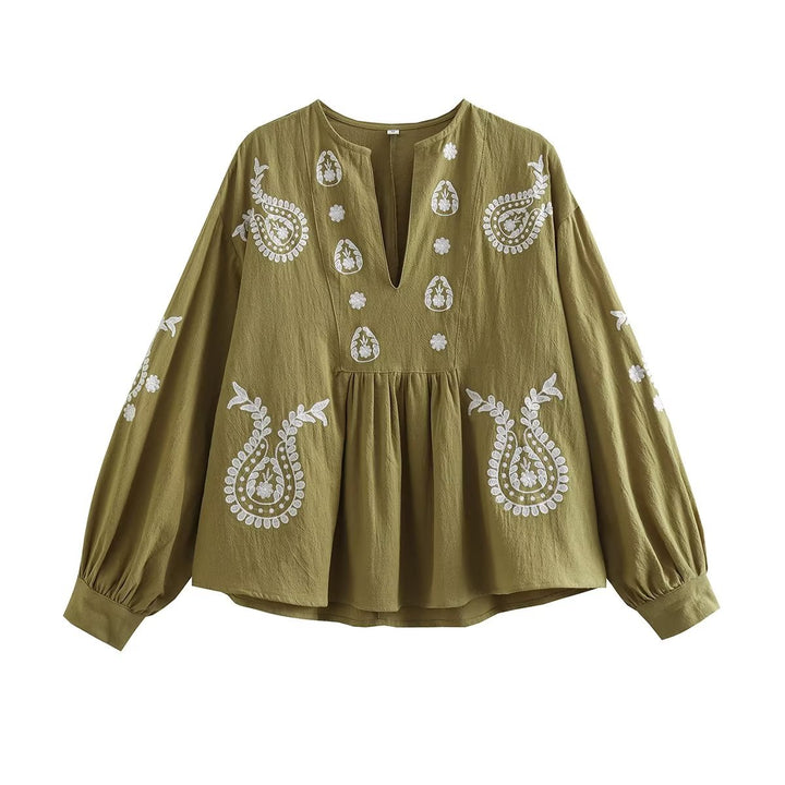 Embroidered blouse for women with puff sleeves and V-neck Lune London