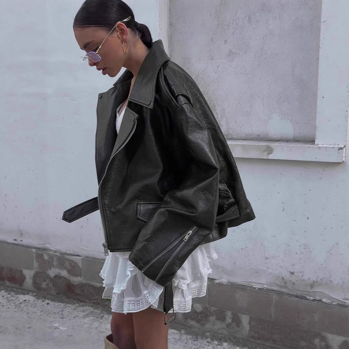 Oversized faux leather jacket for women with asymmetrical zipper Lune London