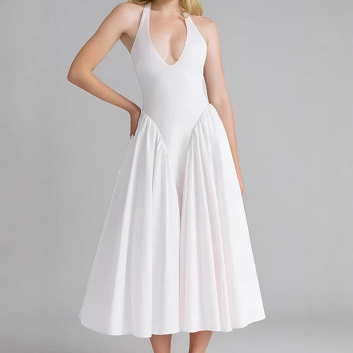 Midi dress for women with plunging V-neck and flowy skirt Lune London