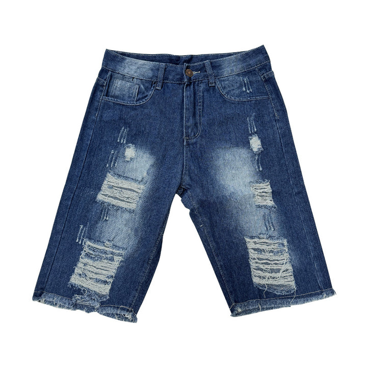 Men's Destroyed Denim Shorts with Irregular Hem and Fashionable Ripped Details Lune London