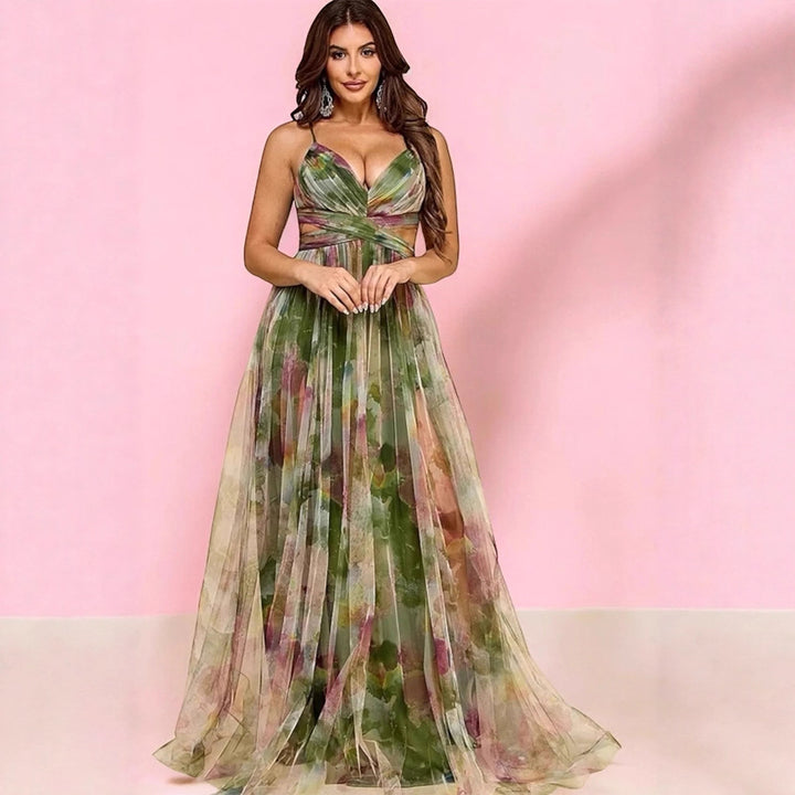 Airy maxi dress for women with colorful floral pattern and side cutout Chic & Stil