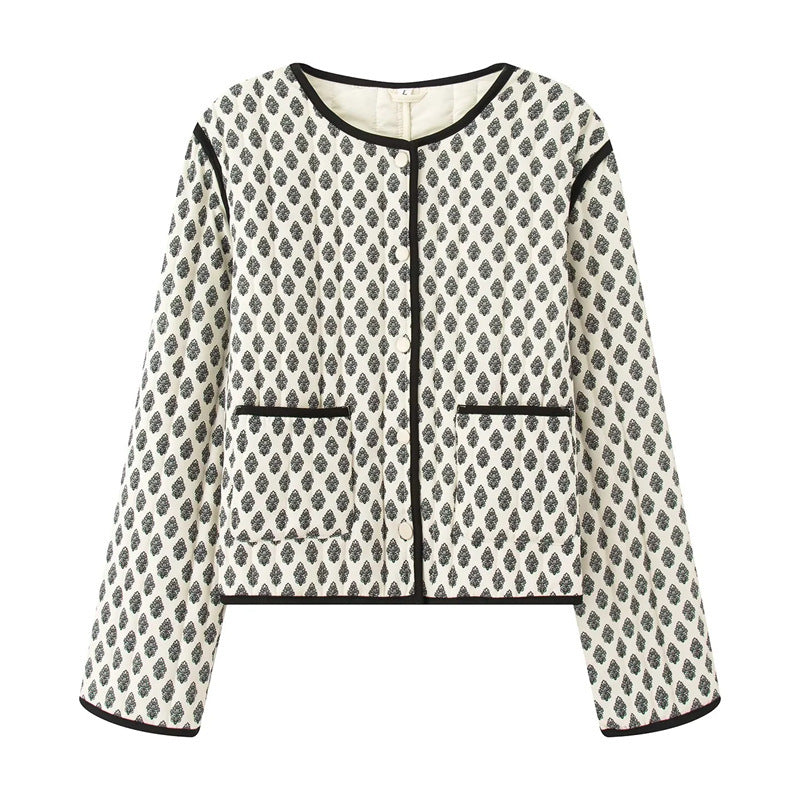 Ladies quilted jacket with decorative pockets and modern print Lune London