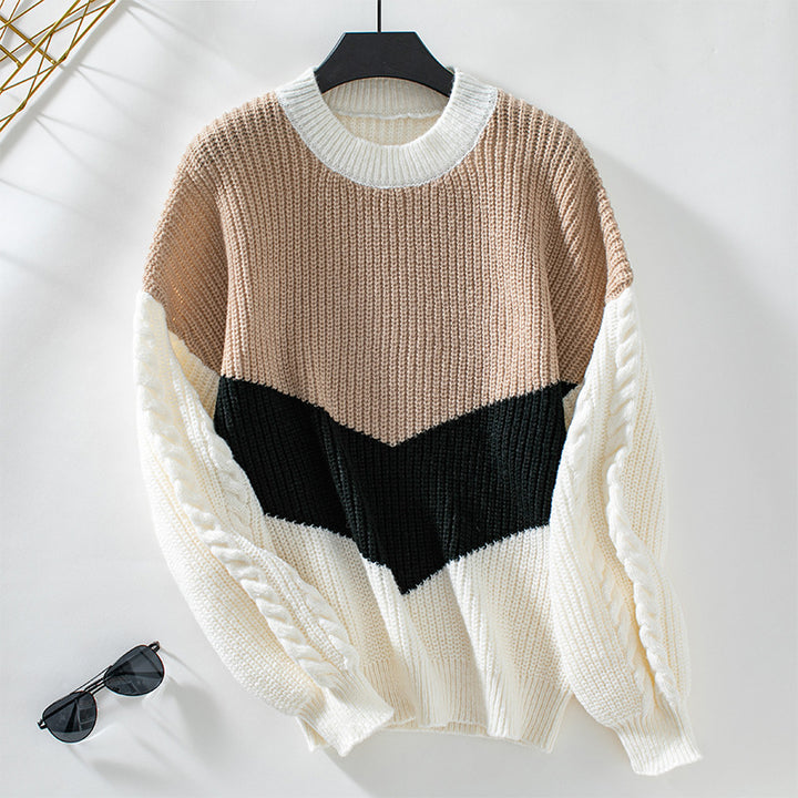 Trendy knitted sweater for women with refined twisted pattern sleeves and contrasting colors Lune London