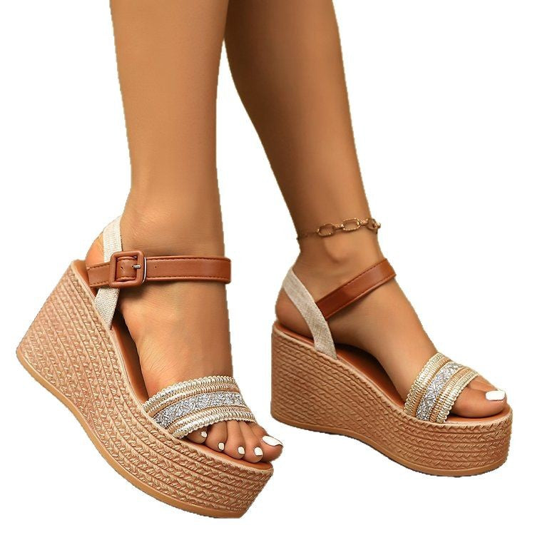 Wedge sandals for women with a trendy strap design and sparkling accents Lune London