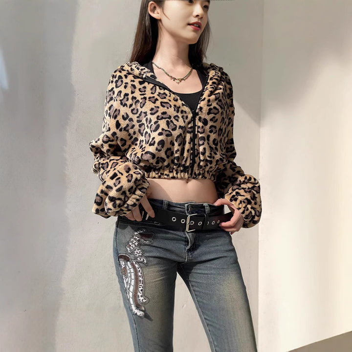 Women Short Hoodie with Leopard Print Lune London