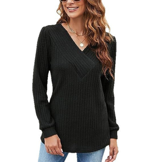 Women V-neck long sleeve ribbed texture sweater with comfortable fit Lune London