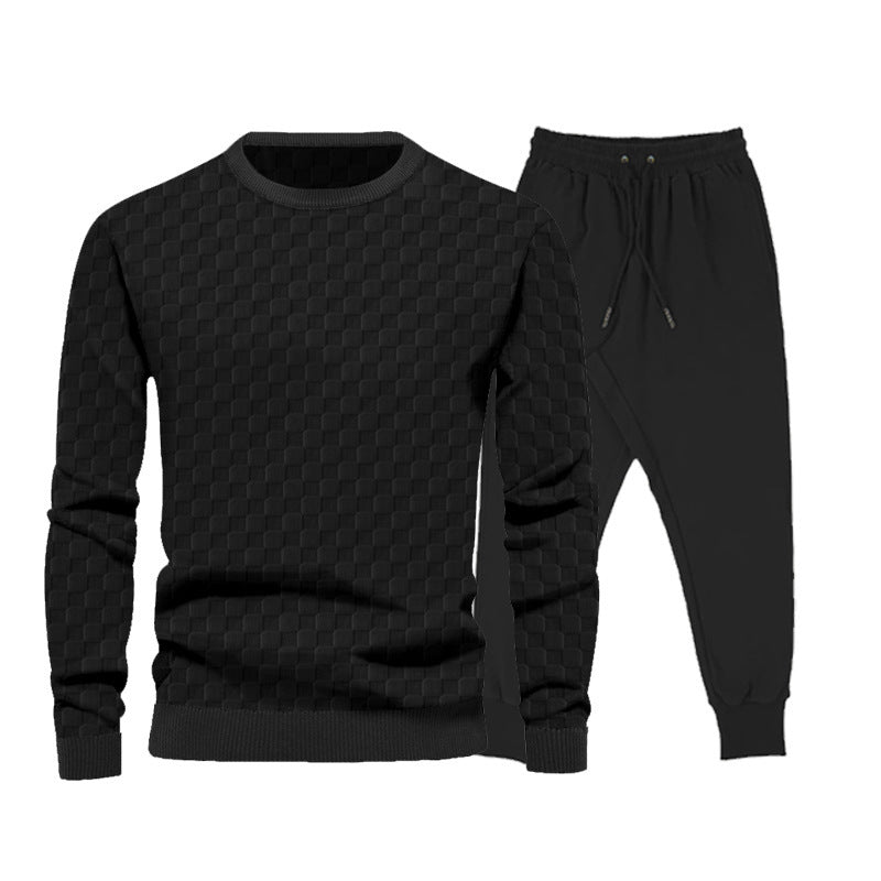 Complete sporty outfit for men with textured sweatshirt and chic jogging pants.