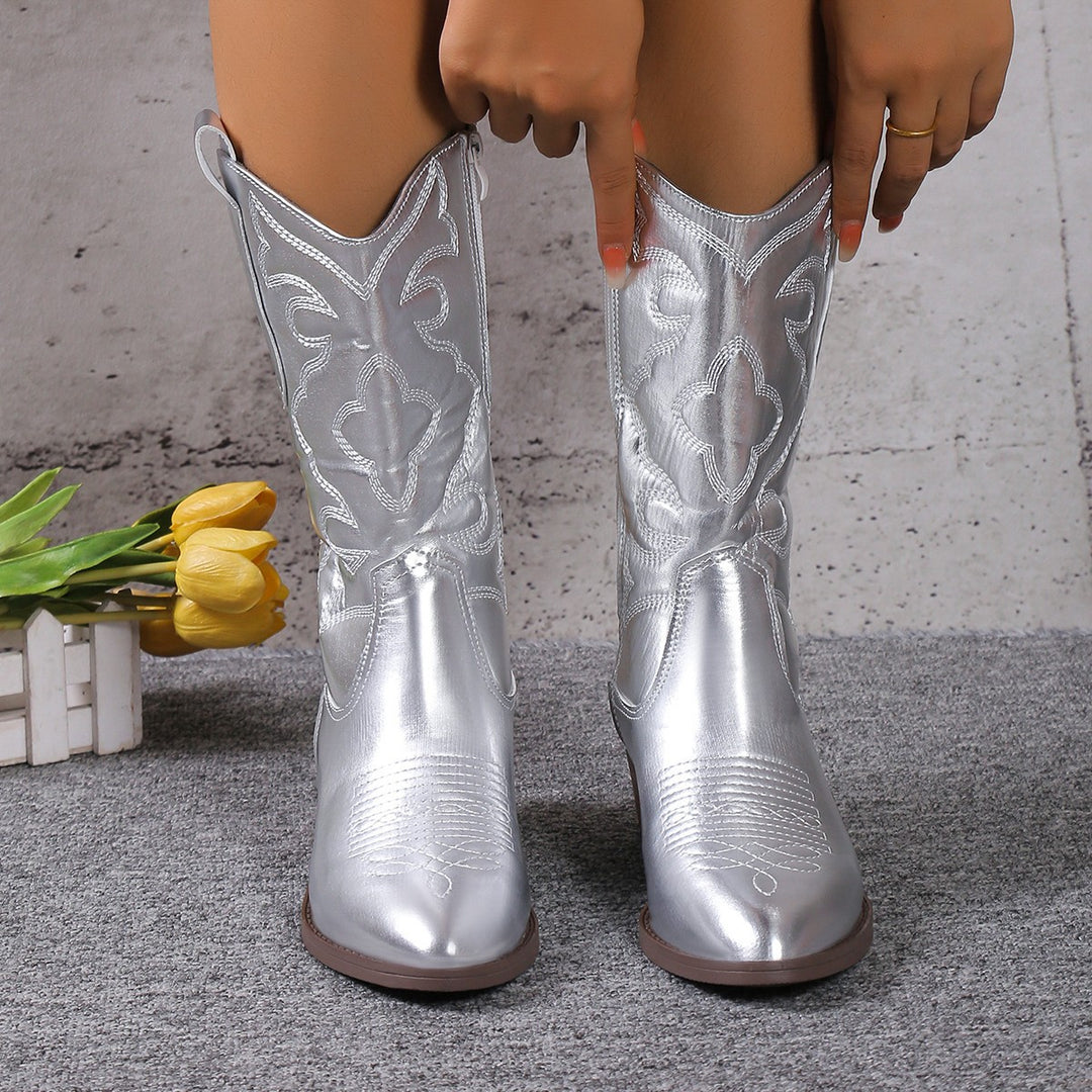 Women's cowboy boots with an artistic embroidery design and a fashionable shine Lune London
