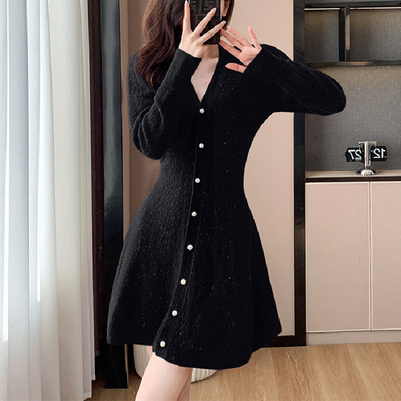 Knitted dress for women with button placket and voluminous sleeves Lune London