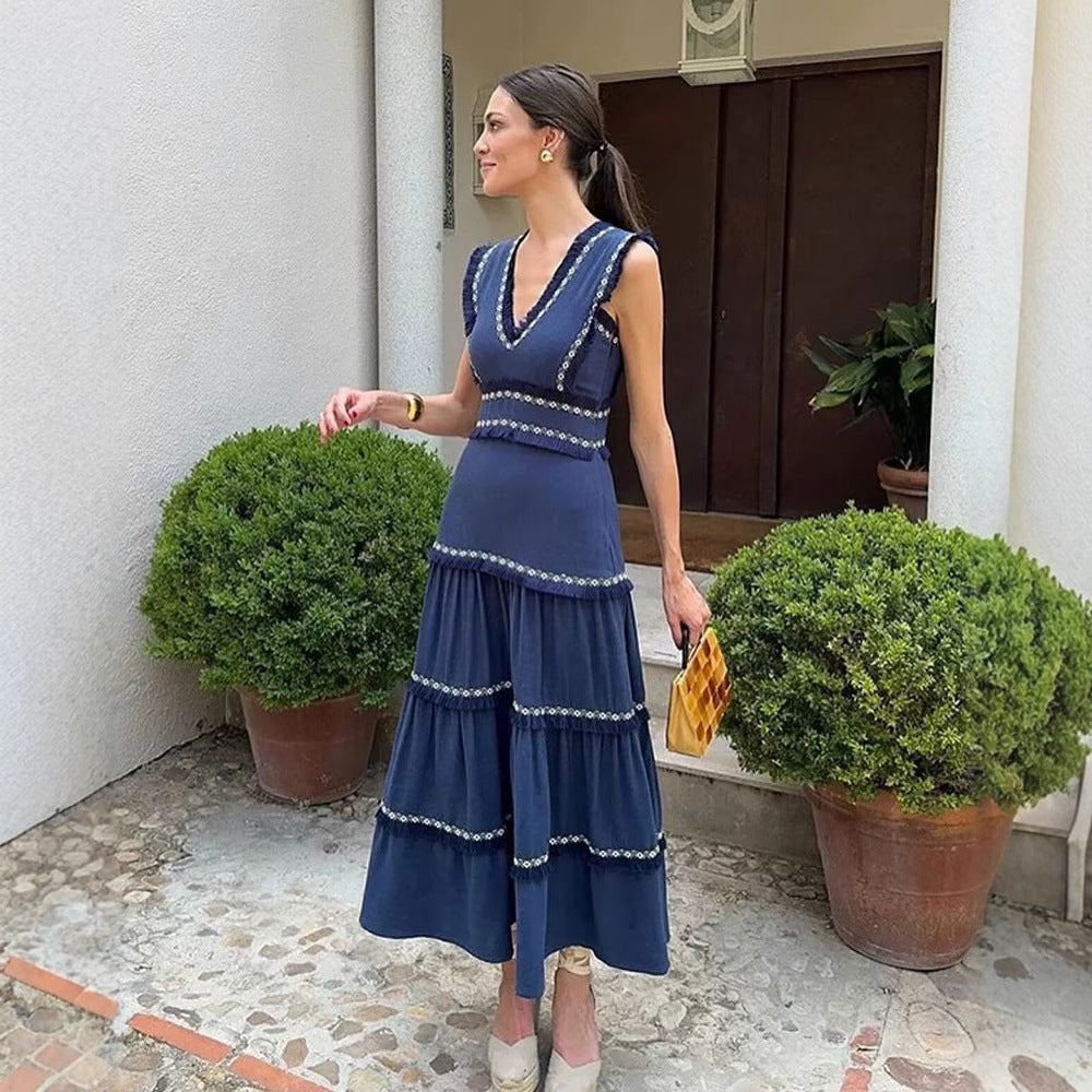 Maxi dress women with an elegant V neckline and ruffle details Lune London