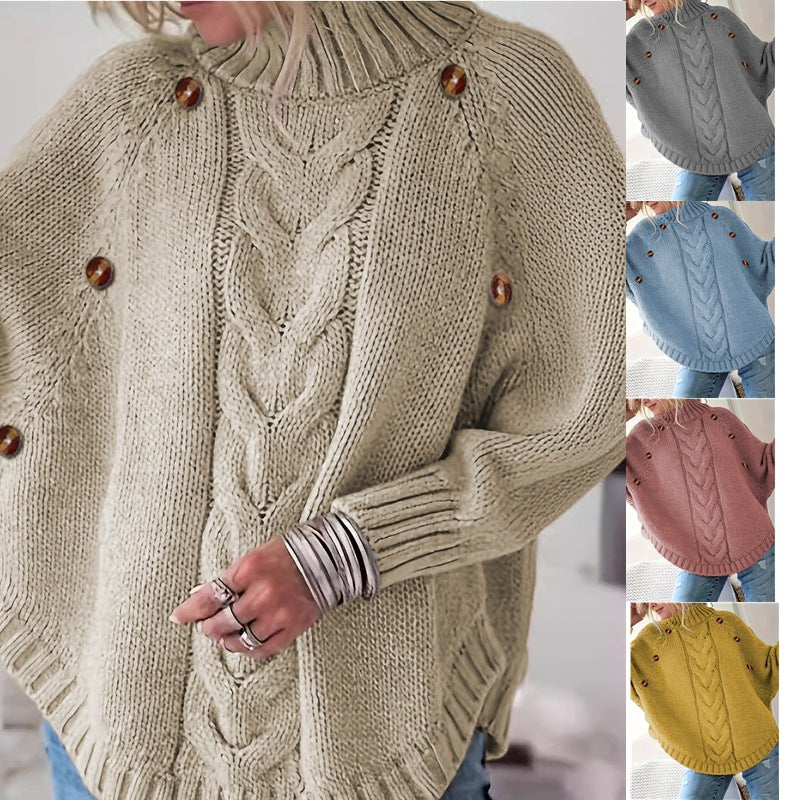 Ladies chunky knit sweater with high collar and button details Lune London