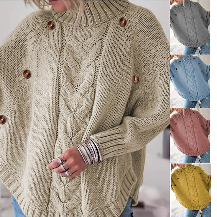 Ladies chunky knit sweater with high collar and button details Lune London