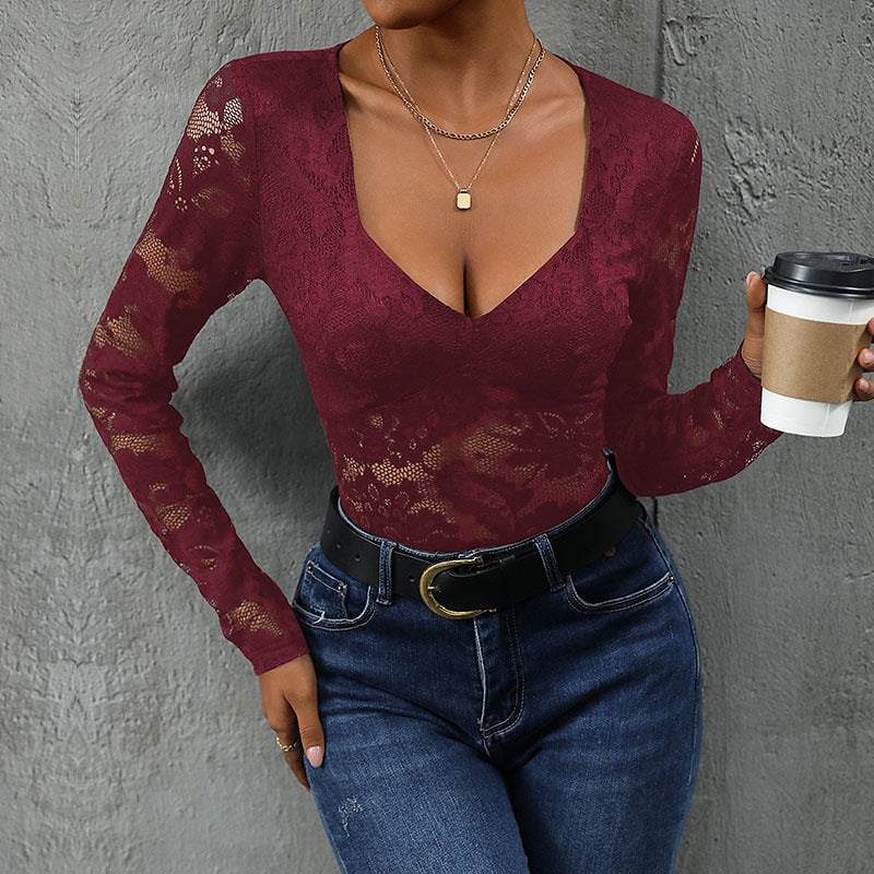 Women lace bodysuit with V-neck and long sleeves Lune London